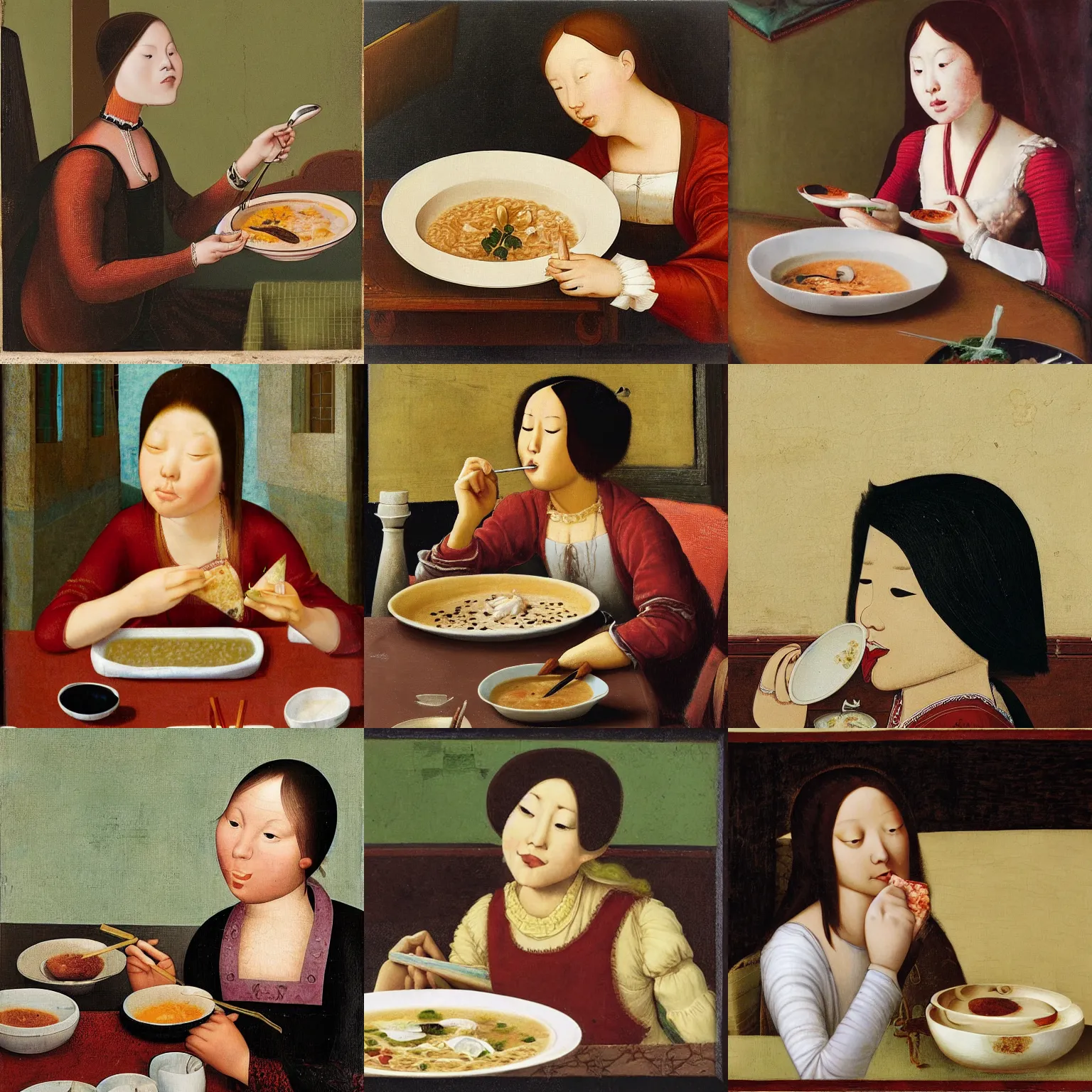Prompt: a girl eating congee uncomfortably, renaissance