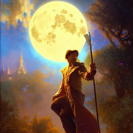 Image similar to attractive male wizard magically floating in the night, fantasy, full moon in background. highly detailed painting by gaston bussiere, craig mullins, j. c. leyendecker, mid shot, 8 k