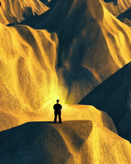 Image similar to a man standing in the middle of a mountain with a glowy triangle, a render by filip hodas, behance contest winner, environmental art, rendered in cinema 4 d, volumetric lighting