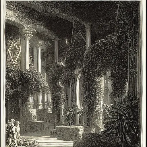 Image similar to the hanging gardens of babylon, gustave dore lithography