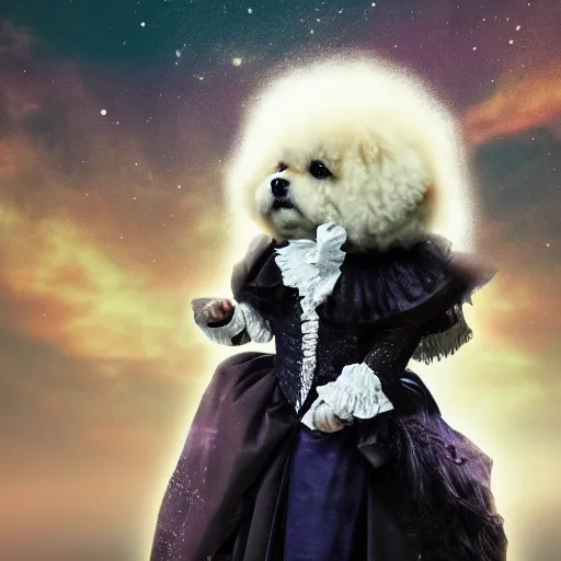 Prompt: fluffy dog, full body, alexander hamilton style, beautiful costume, dark fantasy, nebula background, digital art, 4 k