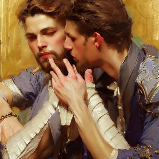 Image similar to attractive fully clothed king confesses his love for his attractive fully clothed male prince. highly detailed painting by daniel f. gerhartz, j. c. leyendecker 8 k