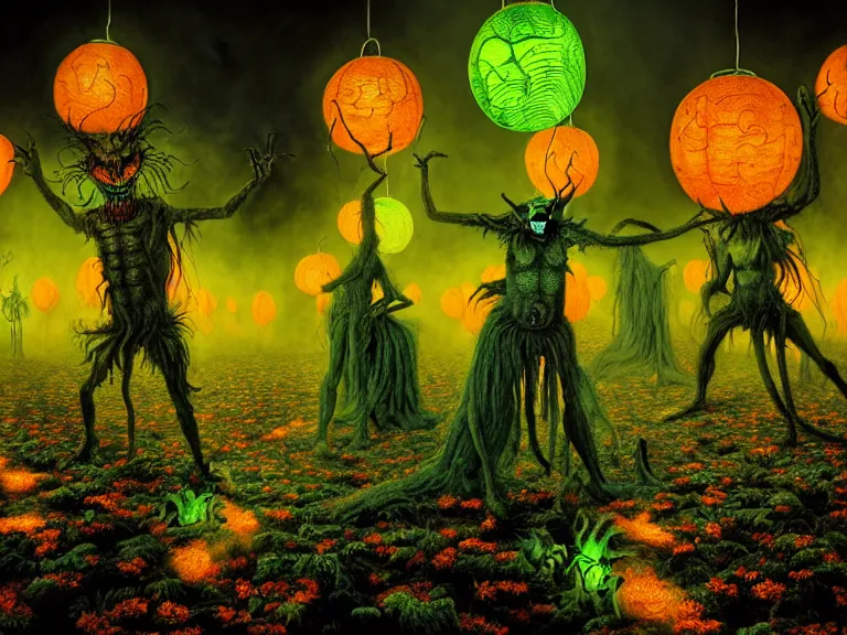 Prompt: hellspawn demons greeting souls of sinners by wendy froud and laurie lipton and guido borelli da caluso and ed valigursky and zacharias aagaard and gillis rombouts, hyperrealism, high contrast, low light, vibrant color, psychedelic, green mist, blue cobblestones, orange demons, yellow lanterns