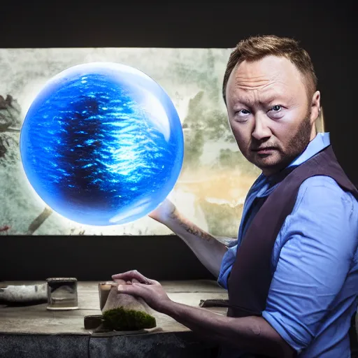 Image similar to limmy brian limond holding element 1 1 5, realistic, wide shot, dramatic lighting, hyper realistic, high quality, highly detailed, hd, beautiful, cinematic, 8 k, unreal engine, facial accuracy, symmetrical,