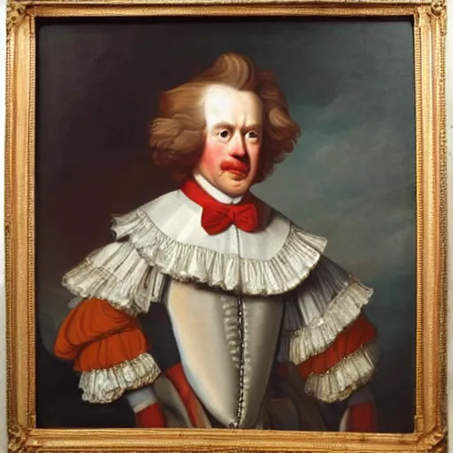 Prompt: oil portrait of 18th century King Ronald mcdonald from France