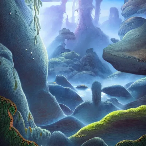 Image similar to large landscapes from another world, beautiful depiction, very detailed and weird fauna, enhance lighting