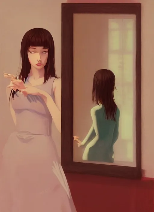 Image similar to a beautiful muse captivatingly dreaming and brushing her hair in front of a mirror made of dread, nightmare dream from the Ring, in style of Ilya Kuvshinov and Edward Hopper, highly detailed