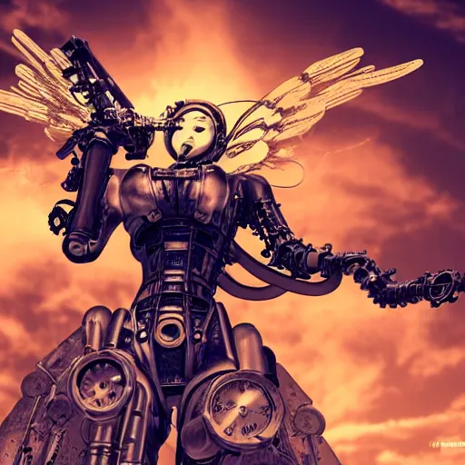 Image similar to a steampunk robotic angel with gun arms shooting, intense, extremely detailed, anime, sparks, clouds, sky, beautiful, sunny, copper, pipes, rusty, metal, cinematic lighting, sharp focus,