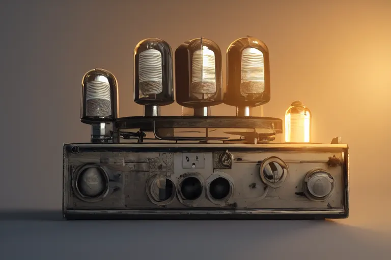 Prompt: Vacuum tube radio by Craig mullins, volumetric light, artstation, , octane render, redshift render, low angle camera