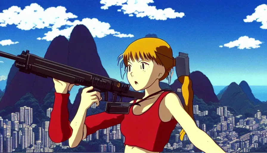 Image similar to 1 9 9 6 anime screencap of a girl with a gun on a rio de janeiro anime, by hayao miyazaki, studio ghibli, rio background extremely high quality artwork