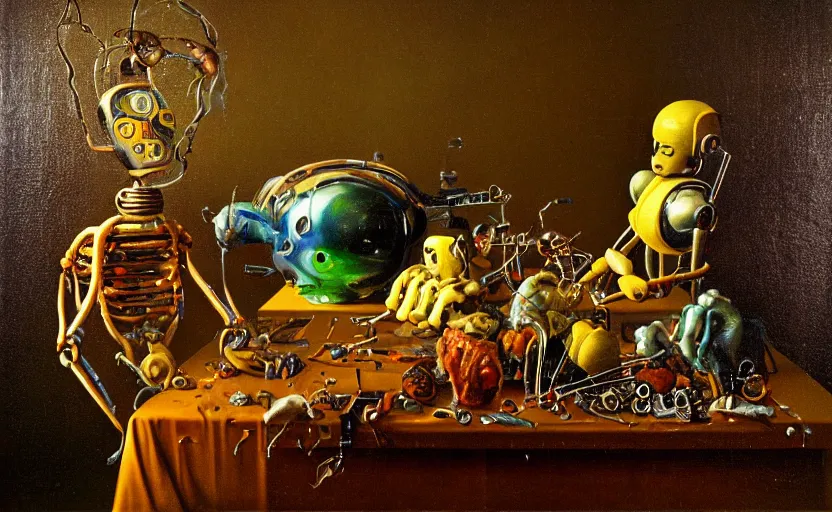 Image similar to strange robot body, disturbing colorful oil painting dutch golden age vanitas still life sparse composition with bizarre objects strange gooey transparent surfaces shiny metal reflections bizarre mutant meat insects rachel ruysch dali todd schorr very detailed perfect composition rule of thirds masterpiece canon 5 0 mm, cinematic lighting, photography, retro, film, kodachrome