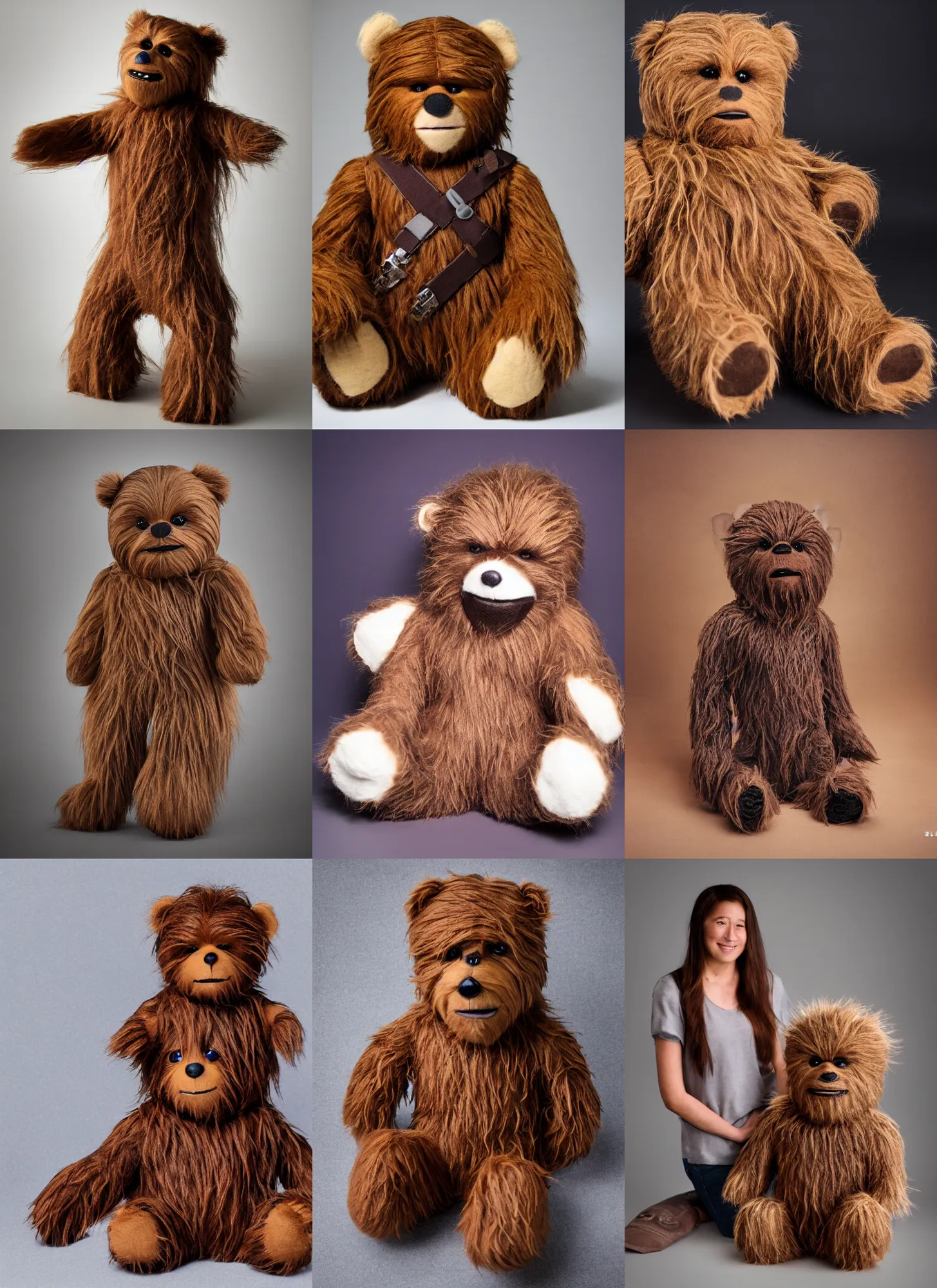 Prompt: teddy bear as chewbacca, stuffed toy, product photo, jellycat, dslr, volumetric lighting, annie leibovitz