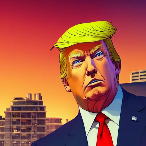 Image similar to ⁠portrait of Donald Trump, Karachi skyline background, rich vivid colors, ambient lighting, dynamic lighting, 4k, HQ, official media, anime key visual, makoto shinkai, ilya kuvshinov, lois van baarle, rossdraws, detailed, trending on artstation