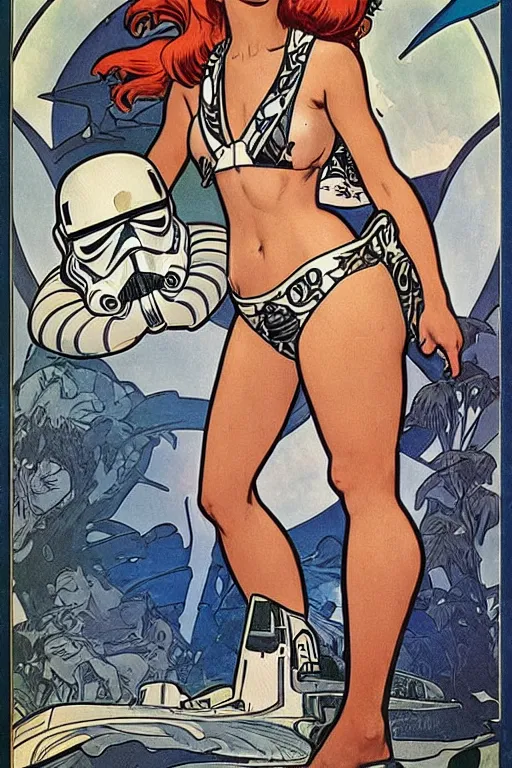 Prompt: female in white bikini with tattoos and stormtrooper helmet, well composed, clean elegant painting, beautiful detailed face. comic book art by steve ditko and jack kirby and ( alphonse mucha )