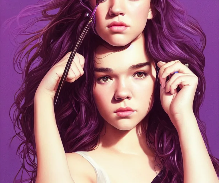 Prompt: Hailee Steinfeld and Florence Pugh, Kate Bishop, Yelena Belova, Marvel, Hawkeye, Black Widow, blush, intricate, face, elegant, purple mist, highly detailed, digital painting, artstation, concept art, matte, sharp focus, illustration, art by Artgerm and Greg Rutkowski and Alphonse Mucha