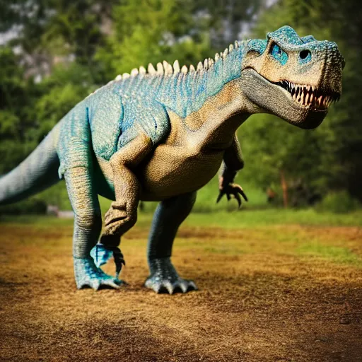 Prompt: a dinosaur walking in the yard, Photoshot, realistic