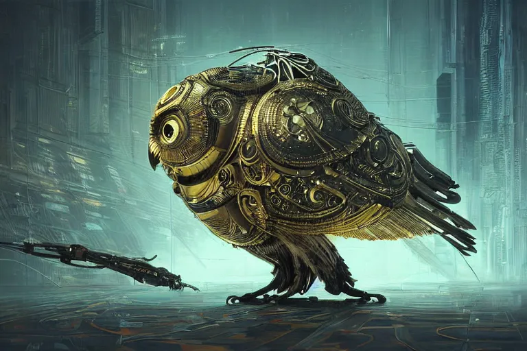 Prompt: a study of cell shaded of a neofuturistic very highly detailed ornate cyborg owl with very highly detailed feathers by Greg Rutkowski, sci-fi highly detailed, digital concept art, Dimensional cyan gold natural light, sharp focus, Golden Ratio illustration, realistic concept art by Stephen Hickman and James Gurney and Hiromasa Ogura Ghost in the Shell, golden ratio, post grunge portrait, character concept art by josan gonzalez, james jean, Mike Mignola, Laurie Greasley, highly detailed, sharp focus, alien, Artstation, deviantart, artgem