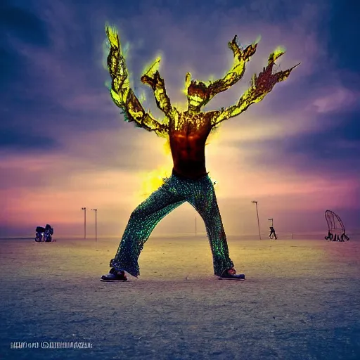 Image similar to burning man dancer, digital art, post apocalyptic