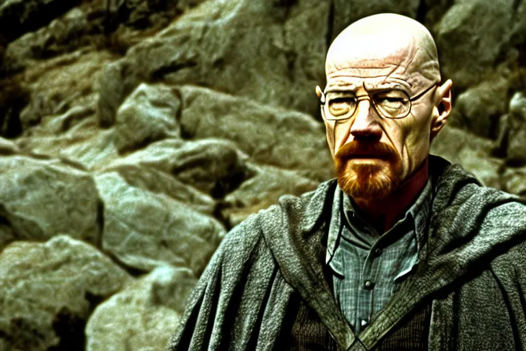 Image similar to film still of walter white as gandalf in the fellowship of the ring, cinematic, movie frame, rule of thirds, 8 k