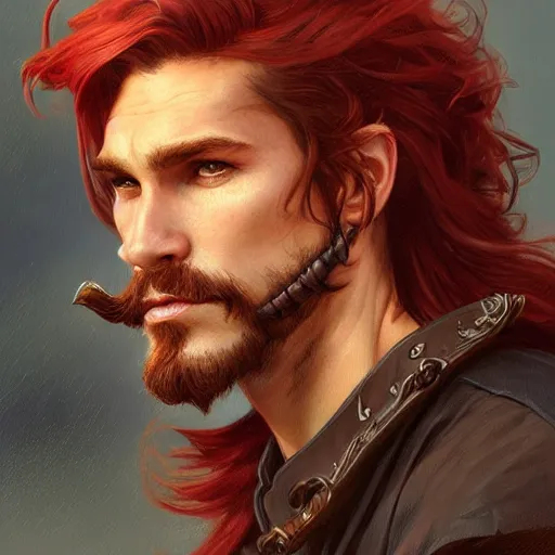 Prompt: portrait of a young ruggedly handsome but charming pirate, male, masculine, upper body, red hair, long hair, d & d, fantasy, intricate, elegant, highly detailed, digital painting, artstation, concept art, matte, sharp focus, illustration, art by artgerm and greg rutkowski and alphonse mucha