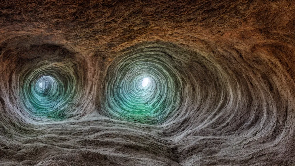 Prompt: hyperrealistic landscape dlsr photo of surrealistic spiral cave, fractal landscape photography