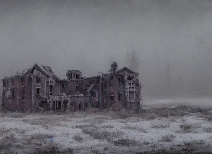 Image similar to landscape painting of a creepy decrepit mansion in the middle of a desolate tundra, post apocalyptic, at dusk, hazy atmosphere