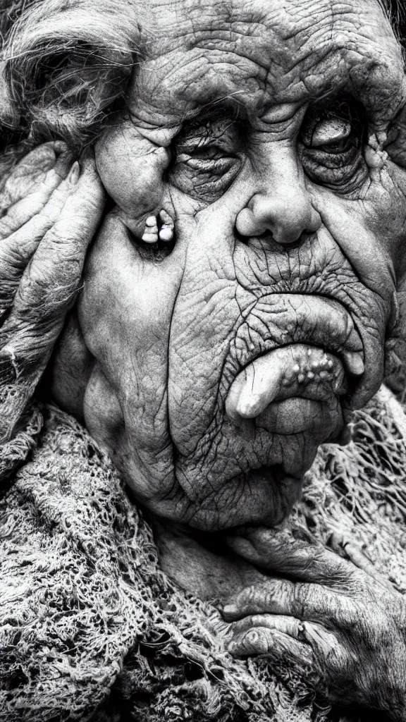 Image similar to realistic black and white old photo of a giant very old woman on destroyed city, short dof, extremely cute, large head, hyper realistic, minutely detailed