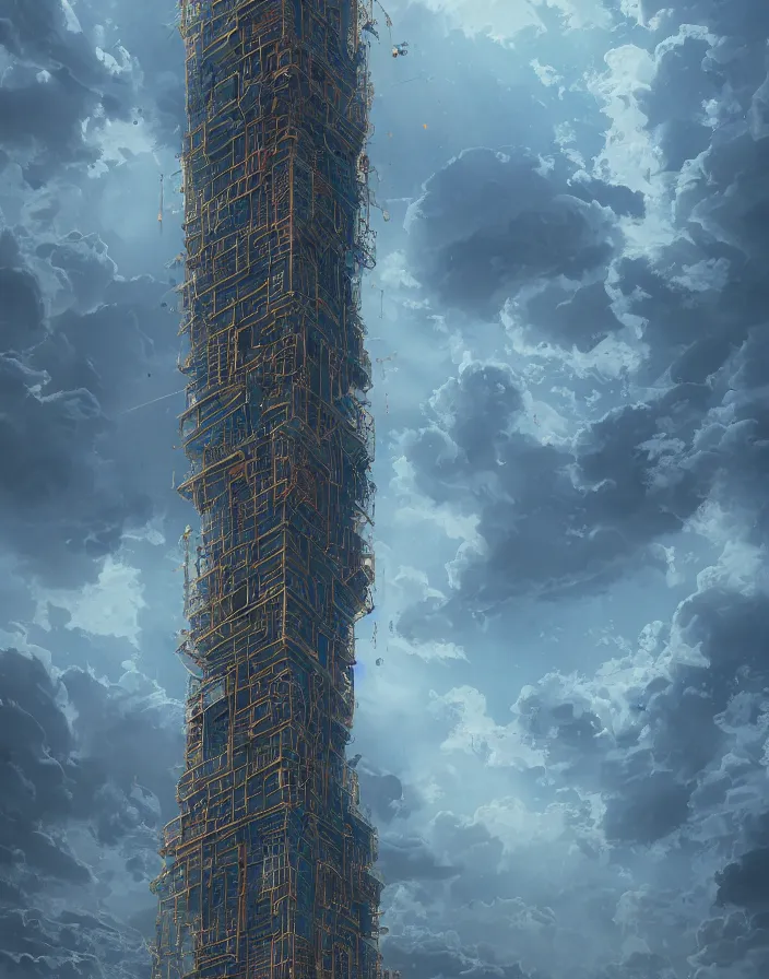 Image similar to painting of a tall tower that reaches beyond the clouds, intricate abstract. delicate artwork. by Tooth Wu, wlop, beeple, dan mumford. octane render, trending on artstation, greg rutkowski very coherent symmetrical artwork. cinematic, hyper realism, high detail, octane render, 8k, depth of field, bokeh. chrome accents.