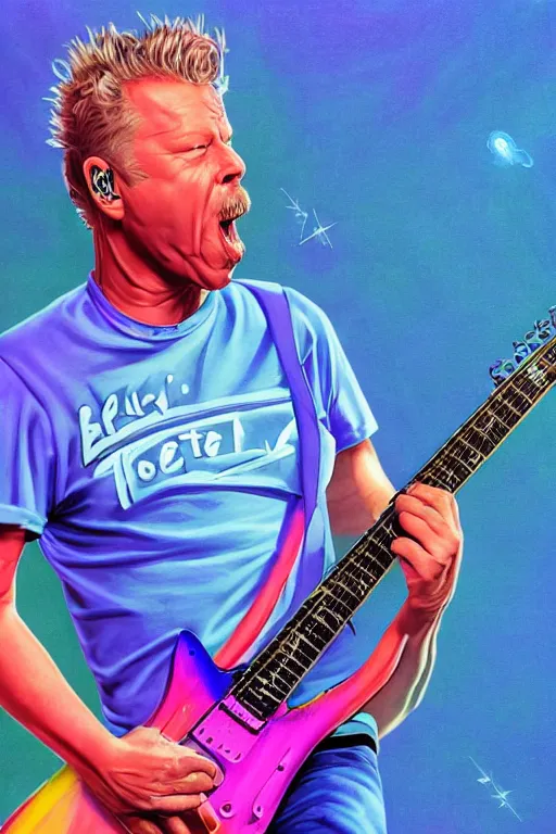 Image similar to hyperrealism, fluorescent james hetfield from metallica singing and playing an electric guitar and floating in indigo space with light blue brutalist architecture in the horizon, realistic face, photorealistic, vivid colours, cinematic, 4 k, high resolution