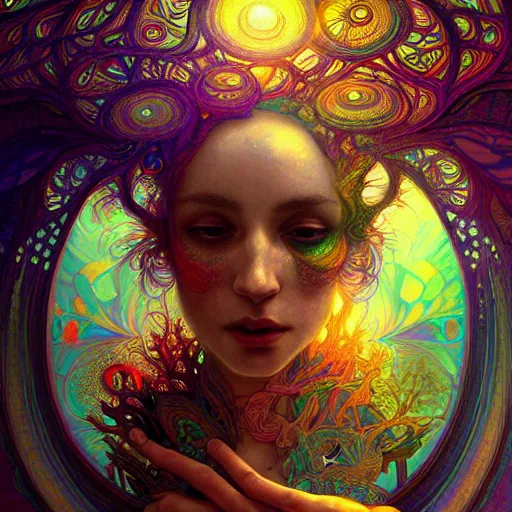 Prompt: An extremely psychedelic experience, reality bending, colorful, surreal, magic mushrooms, psilocybin, LSD, face, detailed, intricate, elegant, highly detailed, digital painting, artstation, concept art, smooth, sharp focus, illustration, art by Krenz Cushart and Artem Demura and alphonse mucha