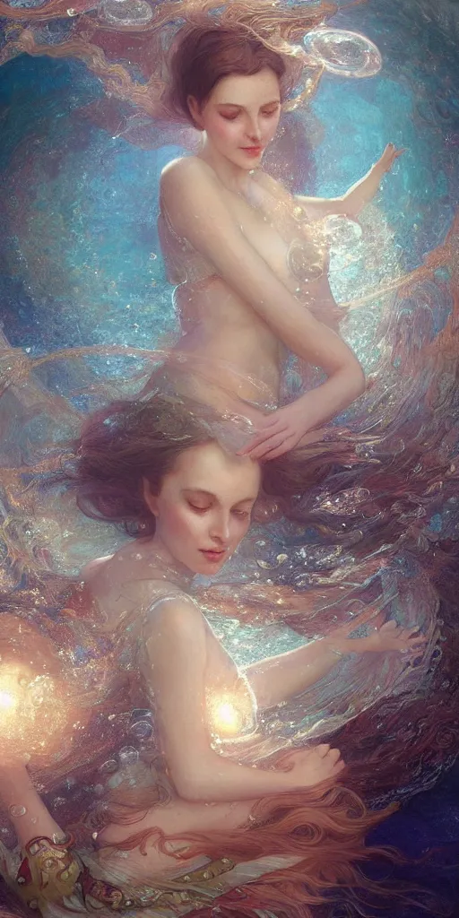 Prompt: hyper realist matte digital painting of a beautiful woman, floating in water, bubbles rising, fantasy art, photo realistic, dynamic lighting, artstation, volumetric lighting, by mucha, by charlie bowater, by karol bak, by alma tadema