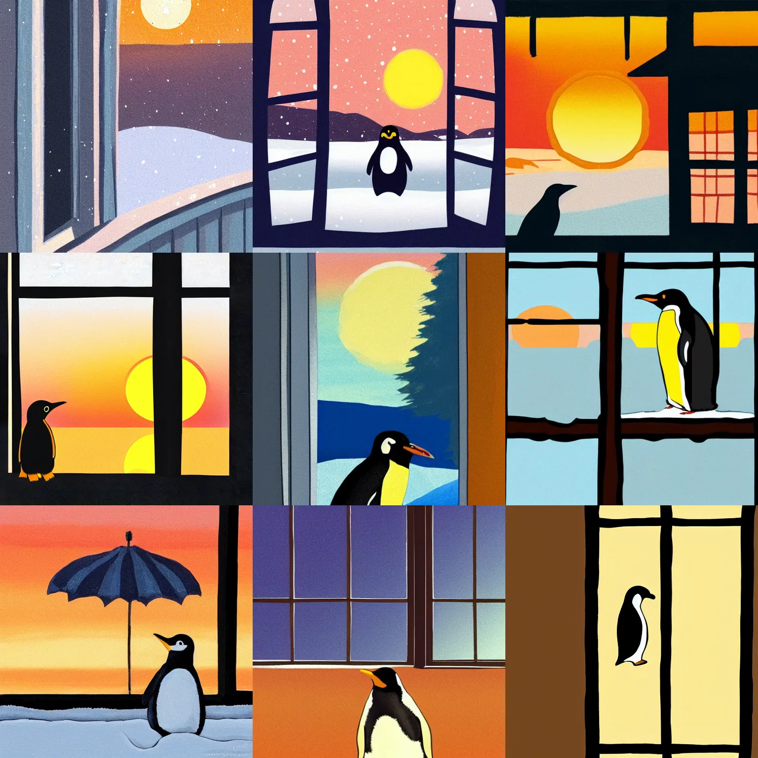 Prompt: penguin peering into cottage window, winter outside, sunset, illustration, color