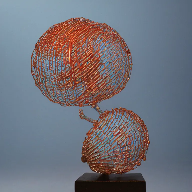 Image similar to hyperrealistic sculpture of a bronze ancient fossilized armored sea urchin snail dusted with opalescent blue and iridescent red spraypaint in a nylon grid cage on a pedestal by ron mueck and duane hanson and lee bontecou, hyperrealistic dramatic colored lighting trending on artstation 8 k