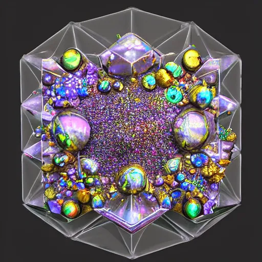 Prompt: midjourney art of a cluster of colorful gems and crystals on a black background, a marble sculpture by earnst haeckel, featured on zbrush central, crystal cubism, made of crystals, iridescent, tesseract