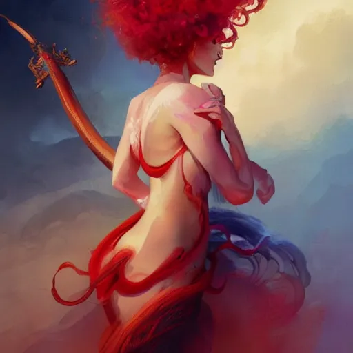 Prompt: a painting of a woman who made of curly silk with red edges is holding a sword, a digital painting by peter mohrbacher, trending on artstation, metaphysical painting, speedpainting, made of feathers, digital painting, holographic undertones, highly saturated colors, 4 k, digital art, concept art, trending on artstation