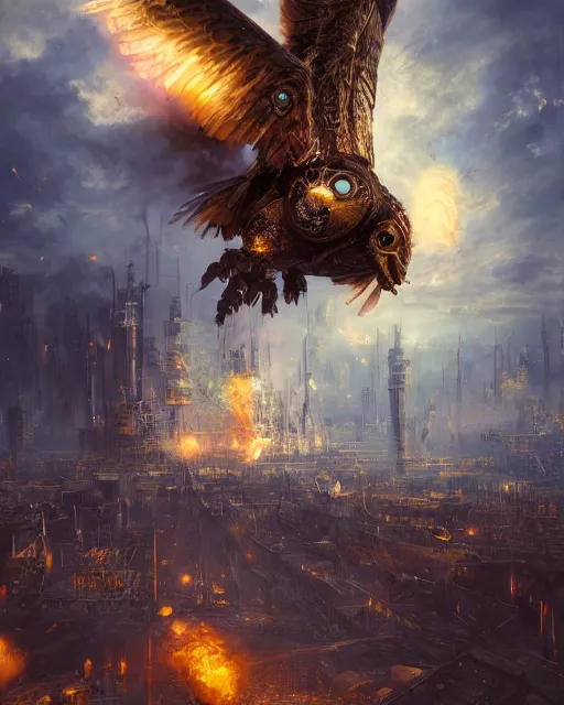 Image similar to oil painting of exploding steampunk city, Gigantic Steampunk Owl Robot above, sharp focus, full body, heroic pose, fantasy style, octane render, volumetric lighting, 8k high definition, by greg rutkowski, highly detailed, trending on art Station, magic the gathering artwork, centered, dramatic artwork, combat scene