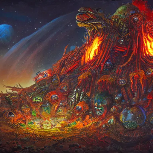 Image similar to extraterrestrial funeral pyre on ancient post - apocalyptic planet, jim henson creature shop, vivid and colorful, thomas kincaid, cinematic, oil painting, highly detailed, illustration