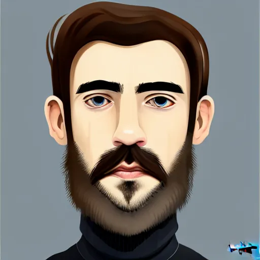 Prompt: gangly man with short blond brown wavy hair, blond brown stubble beard, no mustache, English heritage, grey eyes, middle aged, wearing a turtleneck and jacket, pale skin, narrow face, digital art, painterly, cartoon, cute, 8k, illustration, art by loish, painterly, trending on artstation, medium shot, uncropped