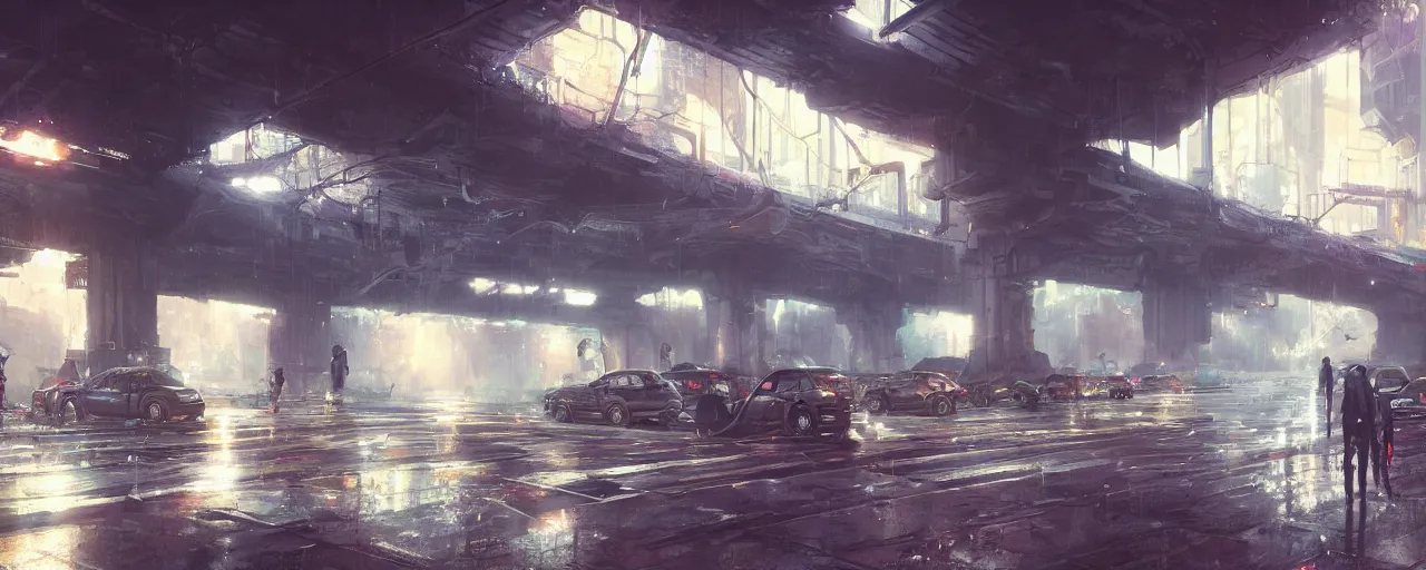 Prompt: under a highway bridge of a cyberpunk city, rain, night, flying shuttles, advertising pannels, rays of light, james gurney, greg rutkowski, unreal engine 5, artstation