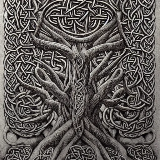 Image similar to Intricate and highly detailed Celtic Knotwork etched in an ancient tree, intricate, highly detailed, fullbody, artstation, dark fantasy, concept art, smooth, sharp focus, illustration, art by greg rutkowski and orientalism and bouguereau and Zdzislaw Beksinski, good clear quality, lighting, biology, symmetrical artwork, 135 mm, cinematic, hyper realism, high detail, octane render, 8k, chrome accents