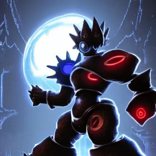 Image similar to “ a still of mega man as a bloodborne boss ”