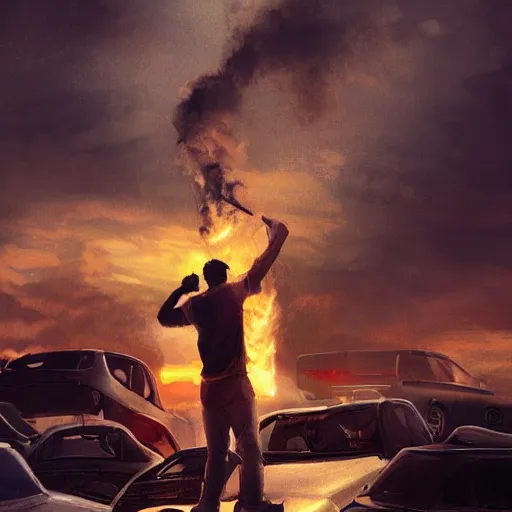 Prompt: man standing on a pile of cars, torch in hand, sunset, concept art, intricate details, highly professionally detailed, cgsociety, highly detailed -