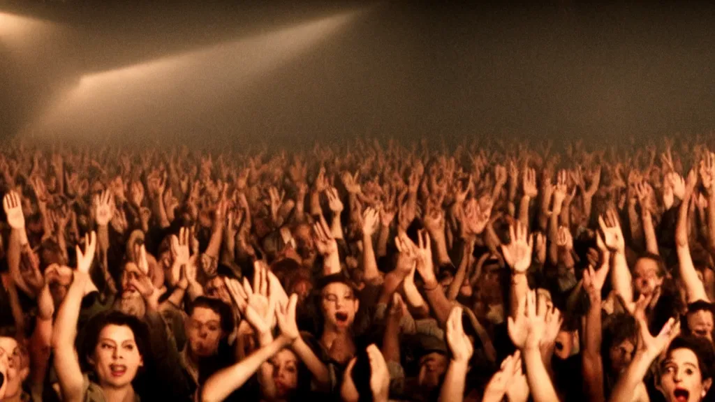 Prompt: movie still of a crowd waving hands, cinematic composition, cinematic light, by edgar wright and david lynch