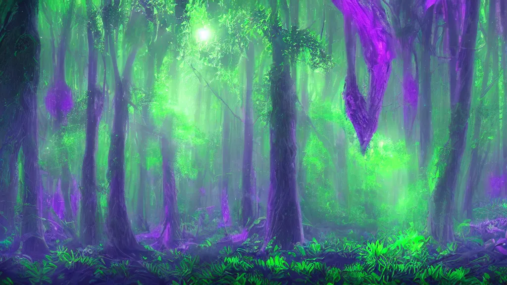 Prompt: portrait of an ethereal evergreen forest made of green and purple light, divine, cyberspace, mysterious, dark high-contrast concept art