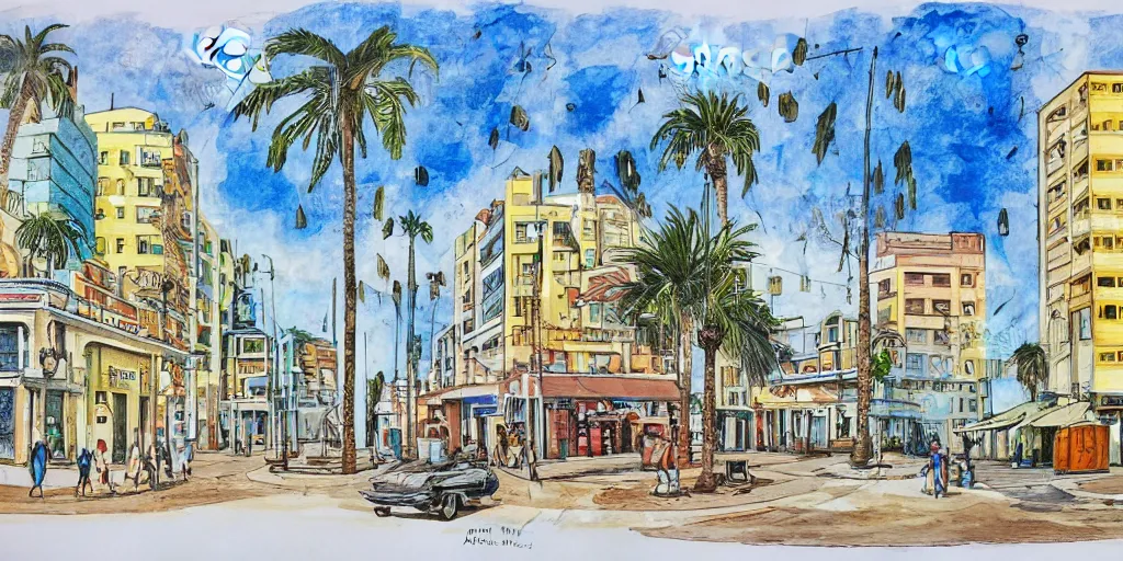 Prompt: street artists. painting of rounded bauhaus buildings in a junction in tel aviv. highly detailed. pen drawing painted with watercolors. colorful. low buildings. palm trees