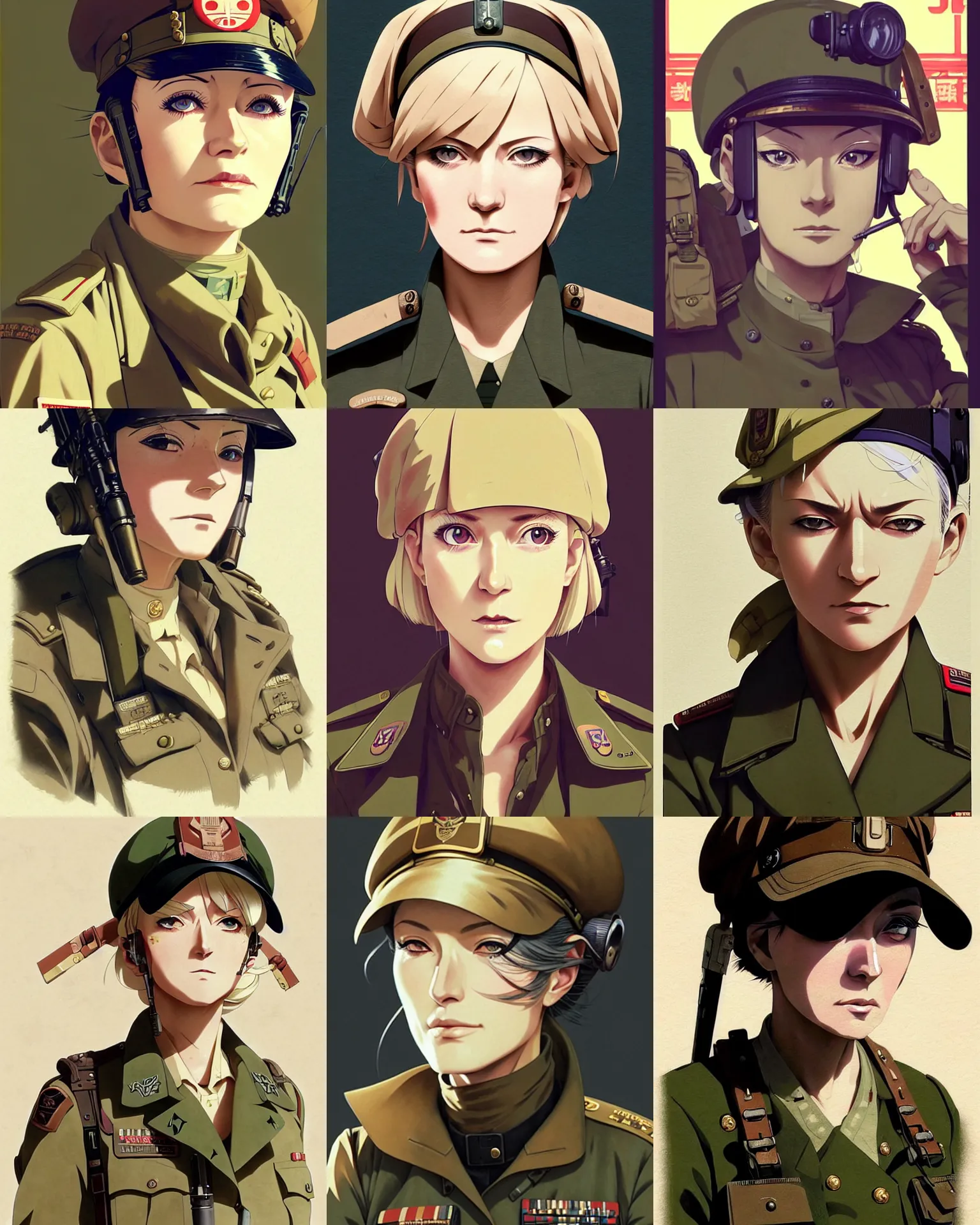 Prompt: An old dieselpunk woman in military fatigues || aged face, VERY VERY ANIME!!!, fine-face, age lines, blonde hair, realistic shaded perfect face, fine details. Anime. realistic shaded lighting poster by Ilya Kuvshinov katsuhiro otomo ghost-in-the-shell, magali villeneuve, artgerm, Jeremy Lipkin and Michael Garmash and Rob Rey