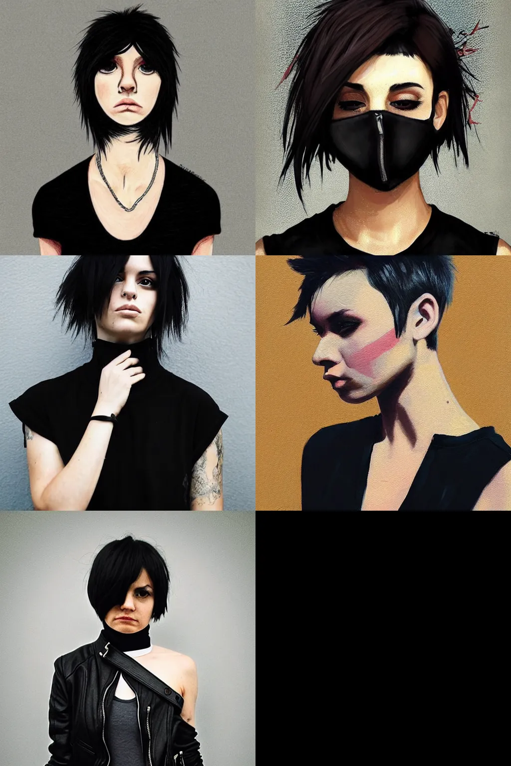 Prompt: an emo portrait by alena aenami. her hair is dark brown and cut into a short, messy pixie cut. she has a slightly rounded face, with a pointed chin, large entirely - black eyes, and a small nose. she is wearing a black tank top, a black leather jacket, a black knee - length skirt, and a black choker..