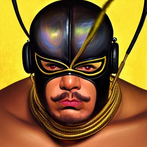 Image similar to portrait of lucha libre dj, muscular, headphones, thick golden ring around the neck, fantasy, intricate, elegant, highly detailed, digital painting, artstation, concept art, smooth, sharp focus, illustration, art by tom of finland and artgerm and greg rutkowski and alphonse mucha