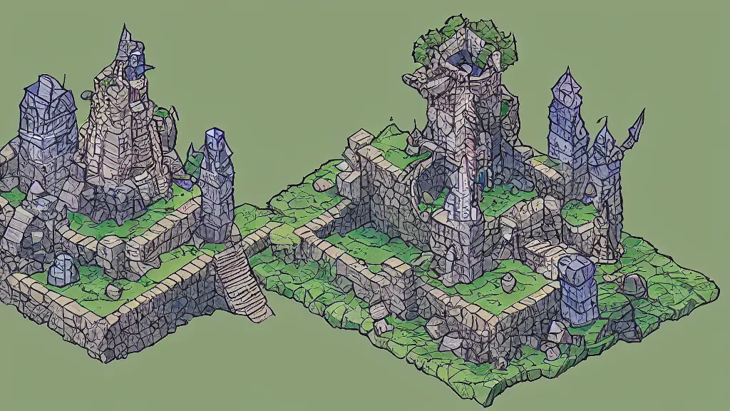 Prompt: Isometric view of a wizard tower surrounded by different kinds of gem mines and ominous caves, lineart, colored