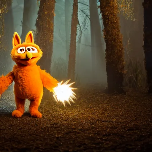 Prompt: a large fox colored furby muppet holding a lit torch and herding a bunch of random muppet animals following behind through a dark felt forest at night, sesame street, photograph, photography, ultrarealistic, national geographic